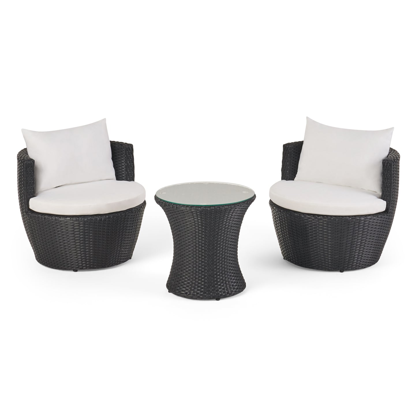 KONO 3-Piece Chat Set – Black and Ivory PE Rattan Chairs with Cushions & Tempered Glass Table