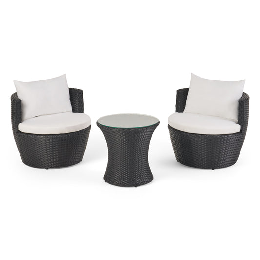 KONO 3-Piece Chat Set – Black and Ivory PE Rattan Chairs with Cushions & Tempered Glass Table