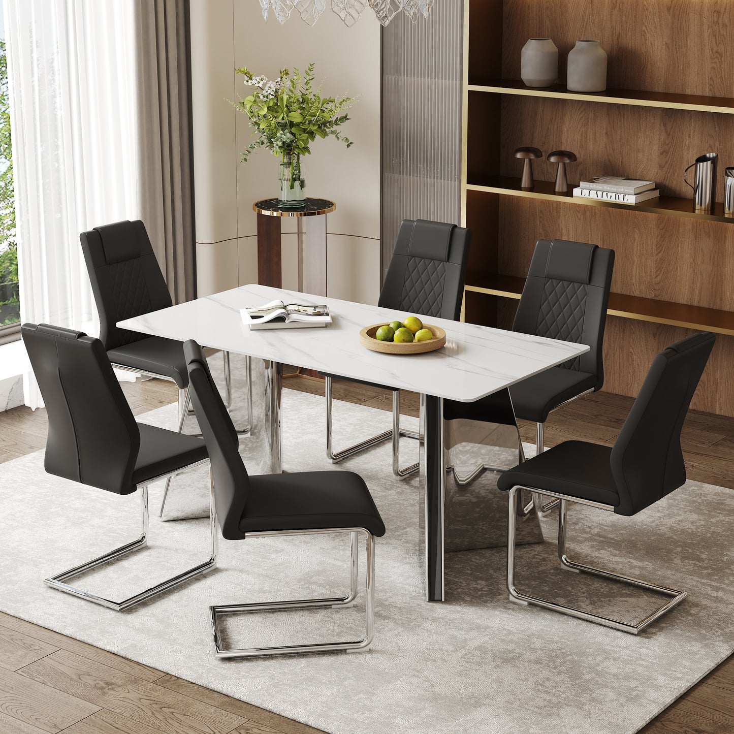 Eirian 63" Dining Suite – Snowmount Sintered Stone Top with 6 Arcluxe Black PU Chairs