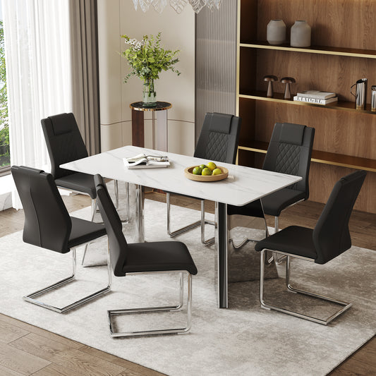 Eirian 63" Dining Suite – Snowmount Sintered Stone Top with 6 Arcluxe Black PU Chairs