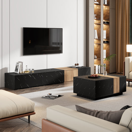 Marvara Set – Faux Marble + Walnut TV Stand & Coffee Table Set – Black