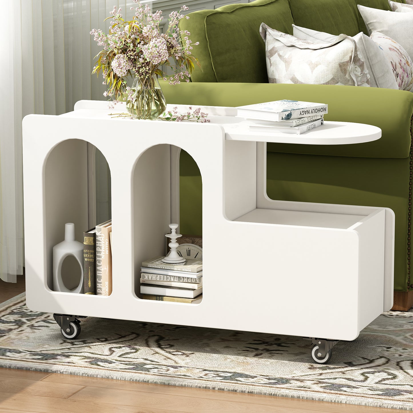 Movira Slim Side Table – Cream Finish with Drawer and Wheels