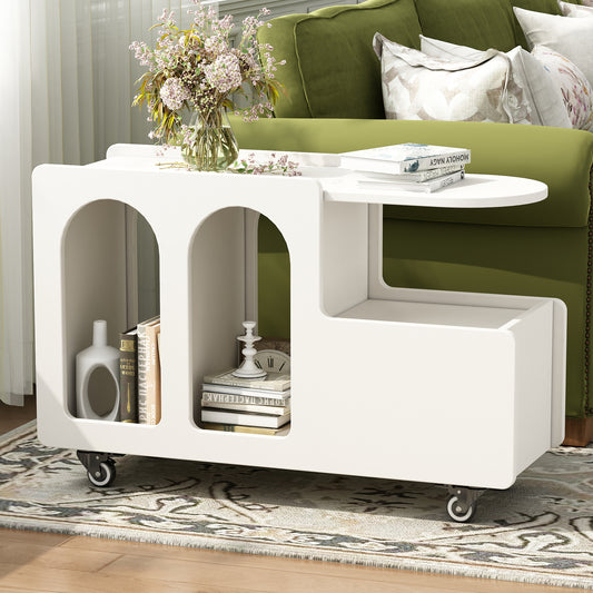 Movira Slim Side Table – Cream Finish with Drawer and Wheels