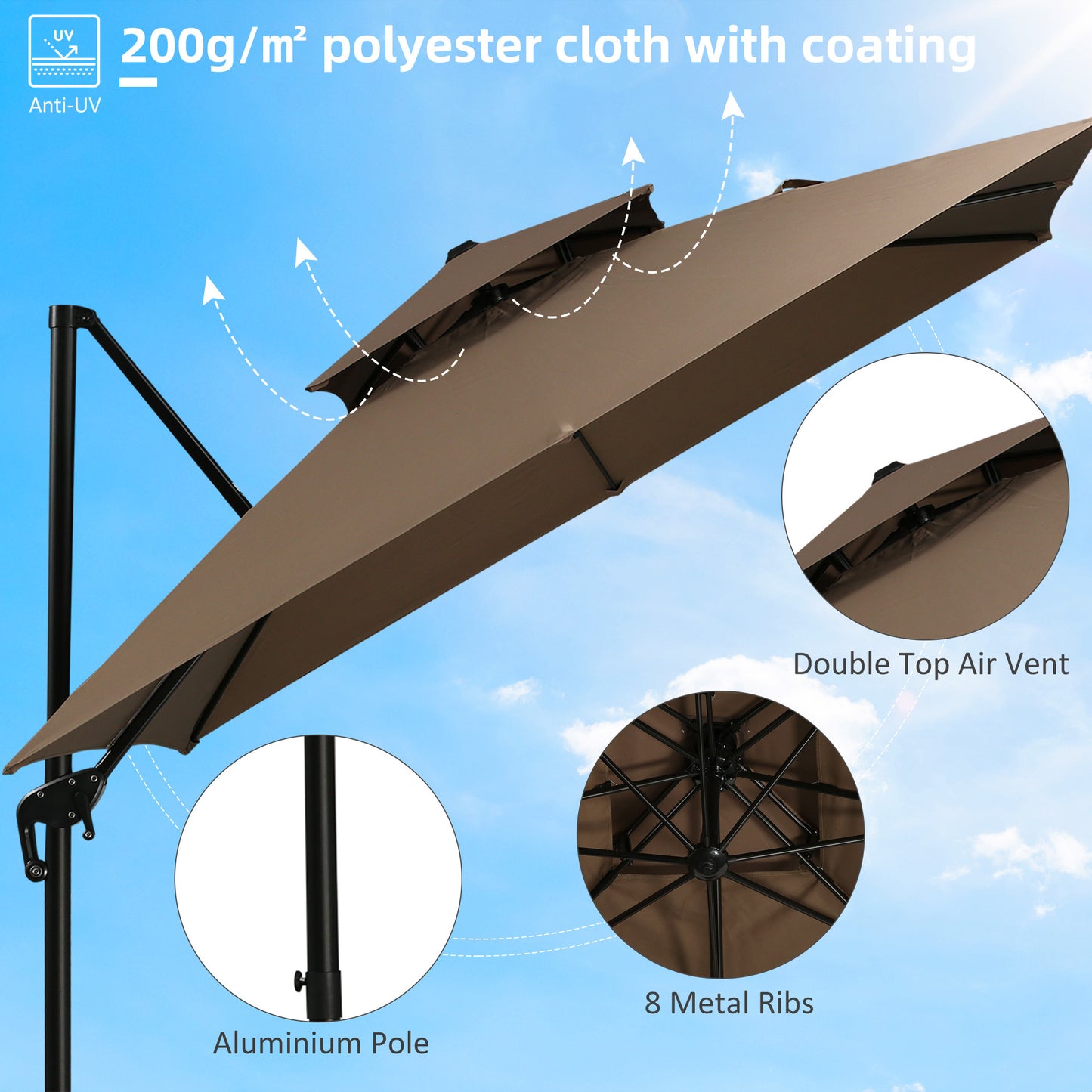 Solair 10' Double - Top Offset Umbrella – Hanging Cantilever with Crank, Base & 360° Rotation (Coffee) - JUSTLIVE NESTJUSTLIVE NEST
