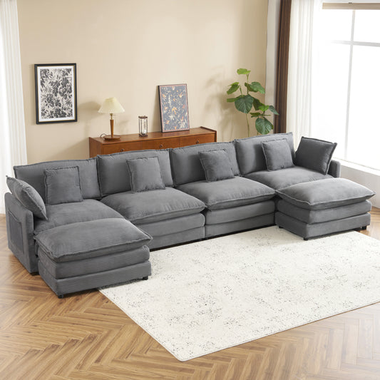 150' Luxe Modular Lounge – Oversized Corduroy L-Shape Sofa with Hidden Side Storage (Dark Grey)