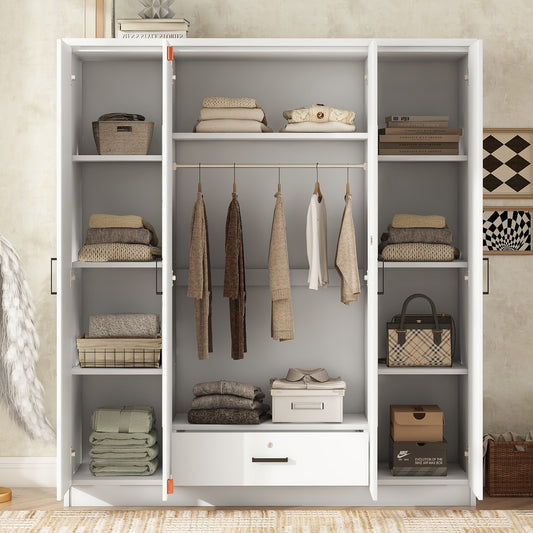 Morrell 4-Door Mirror Wardrobe – White Closet with Shelves and Mirror Panels