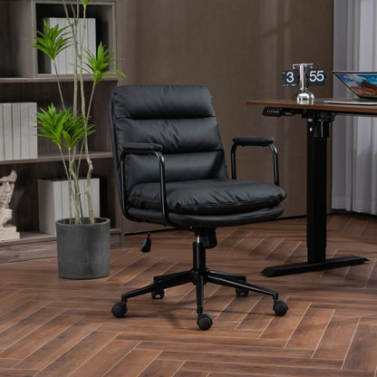 Ravix Mid-Back Office Chair – Black PU Swivel Task Chair with 40° Recline and Padded Arms