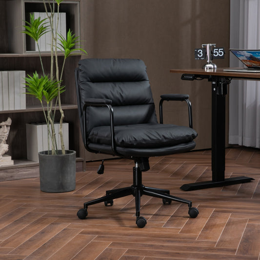 Ravix Mid-Back Office Chair – Black PU Swivel Task Chair with 40° Recline and Padded Arms