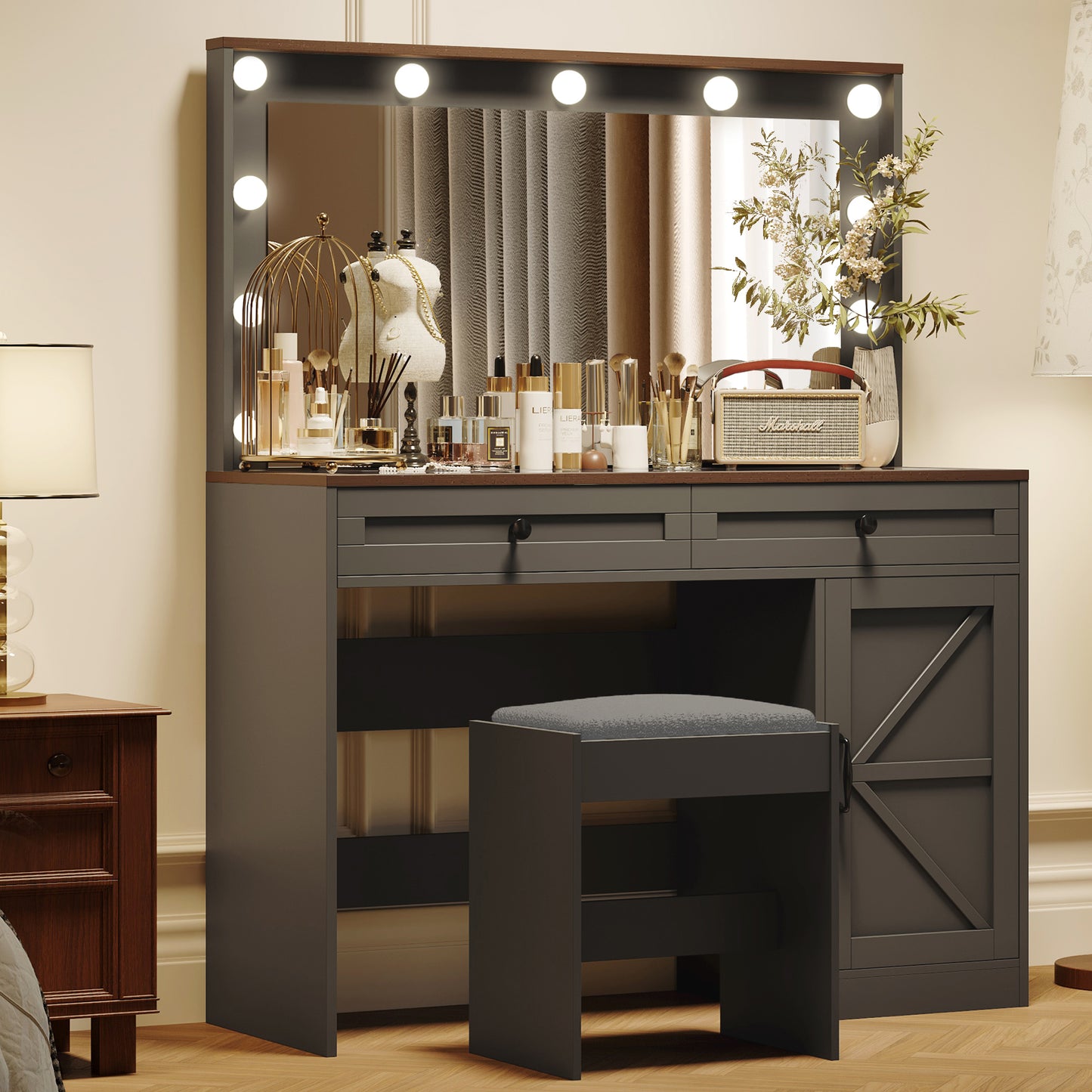 Velora Glow Station – 43.4" Black Vanity Table with LED Mirror, 3 Drawers & Cushioned Stool