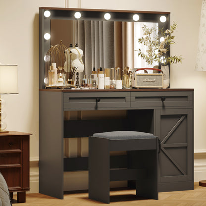 Velora Glow Station – 43.4" Black Vanity Table with LED Mirror, 3 Drawers & Cushioned Stool