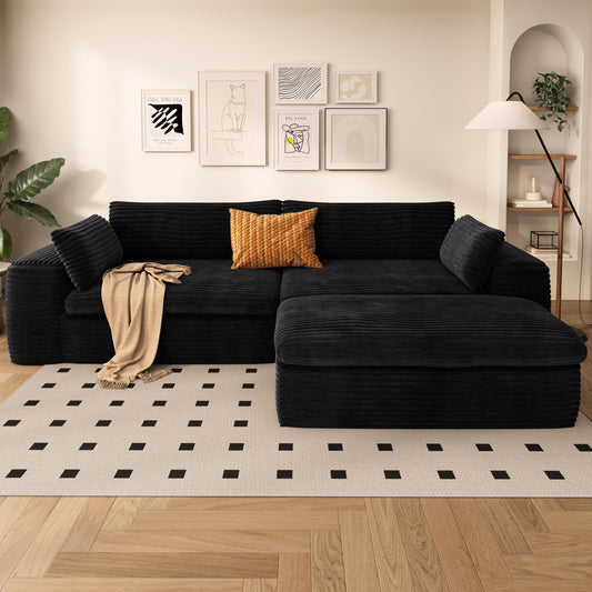 JUSTLIVE NEST® Claudra Deep-Seat Sectional – Black Corduroy Modular Couch with L-Shape Chaise, No Assembly Required
