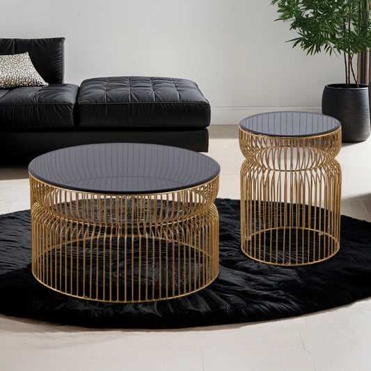 Glave Gold Set – 30" Round Coffee Table & 21" End Table with SmokeGlass and LuxeGold Base
