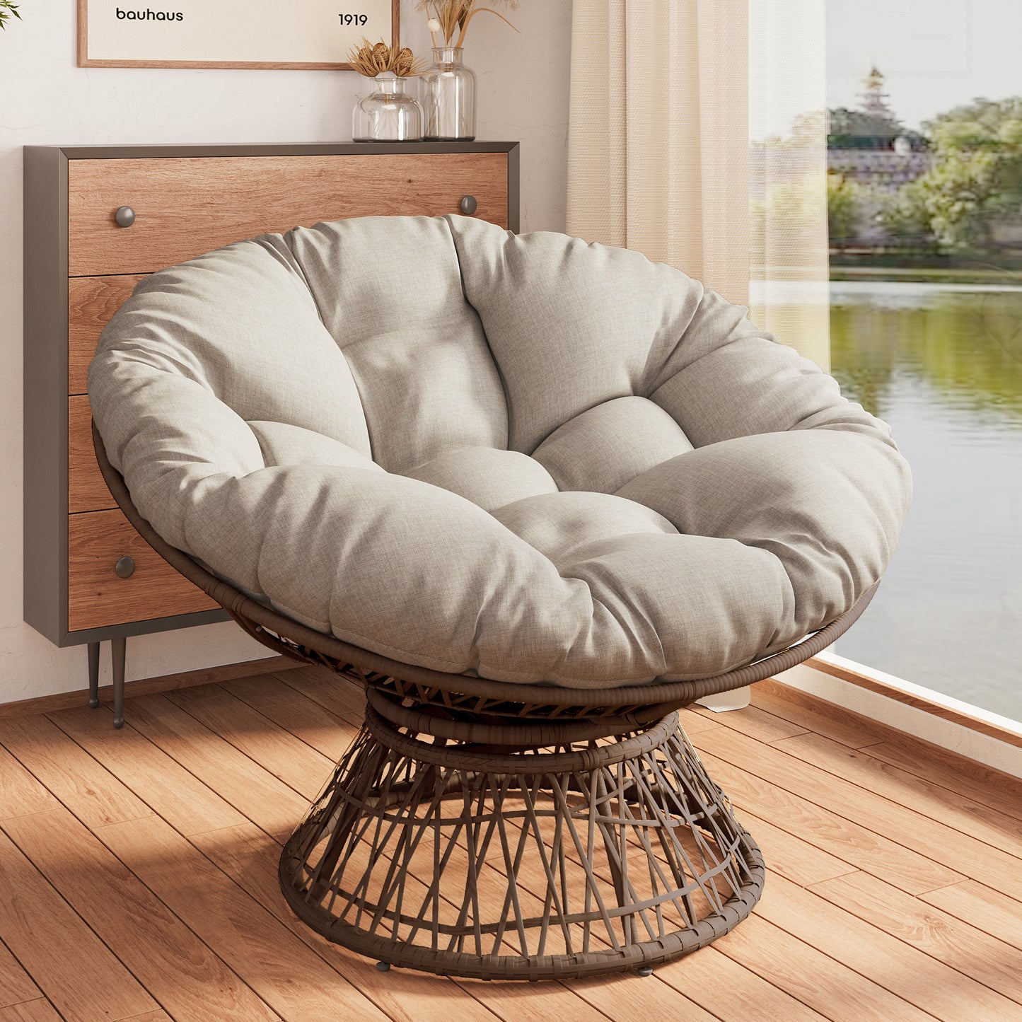Aerwynn Chair – WovenShell Frame, Cloudspin Cushion, Chestnut Orbit360 Base