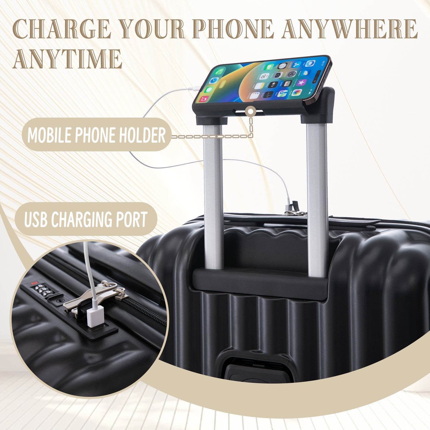 Jetera 3 - Piece ABS Luggage Set – Black Suitcases with Spinner Wheels, USB Port, Cup & Phone Holder (20/24/28") - JUSTLIVE NESTJUSTLIVE NEST