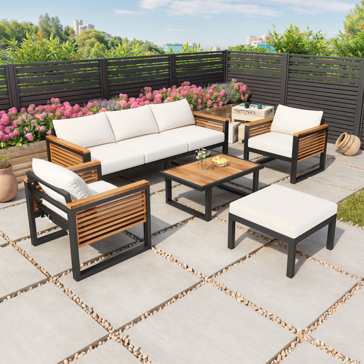 Alto 5-Piece Sofa Set – Acacia Wood & Metal Patio Seating with Modern Outdoor Appeal