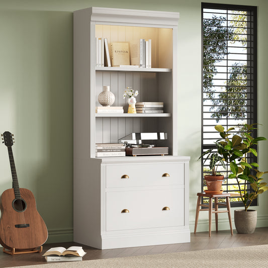 Lunaris Black Bookcase – 83.4'' Tall LED Shelf with 2 Glass Doors, Drawer, and Open Display