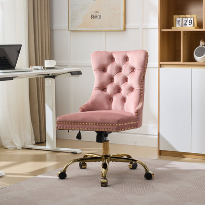 A&A Velvet Chair – Pink Tufted Swivel Office Seat with Gold Base
