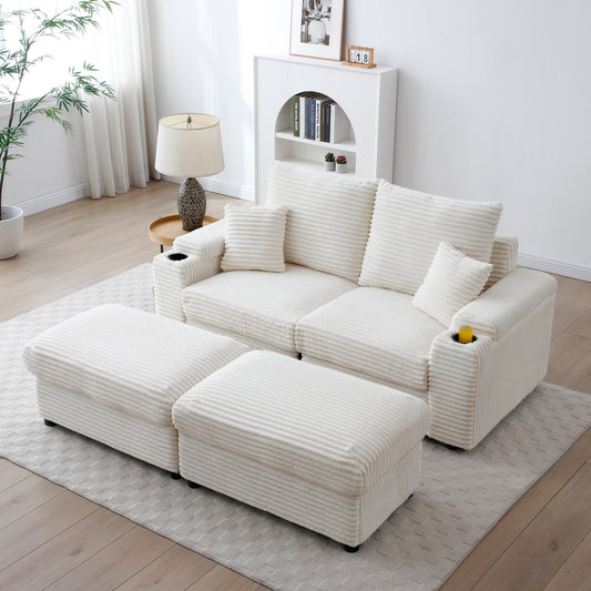 Monaco Beige Comfort – Contemporary Corduroy Loveseat with Ottomans & Cozy Pillows