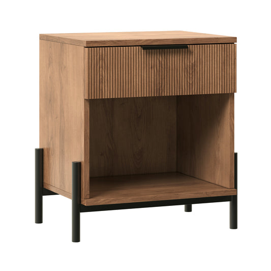 Fluttra Mocha Stand – Fluted Nightstand with Open Cubby & Vertical Ribbed Drawers