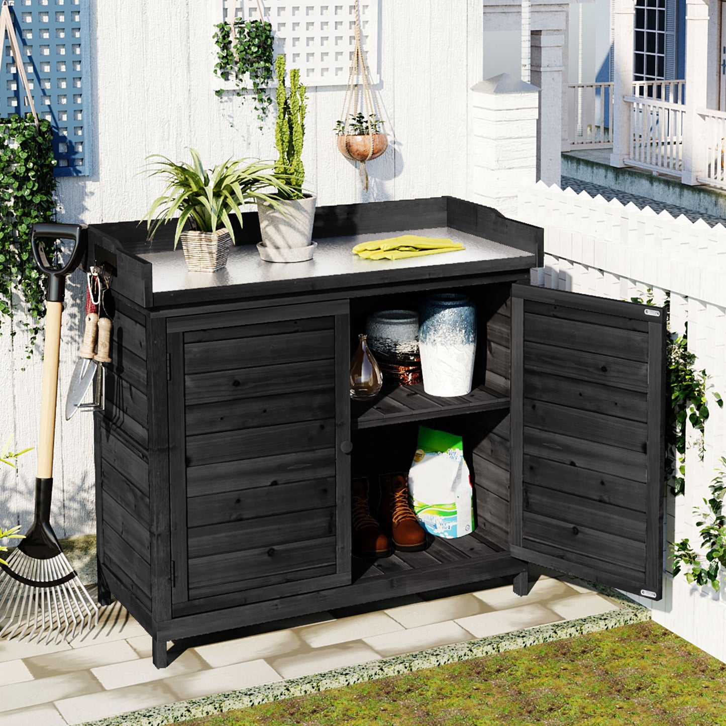 Terra Compact Potting Bench – 39" Garden Work Table with Cabinet & Side Hook (Black Finish)