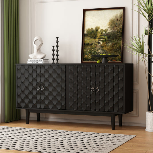 Trexm Black Sideboard – 4-Door Buffet Cabinet with Convex Design and Metal Handles
