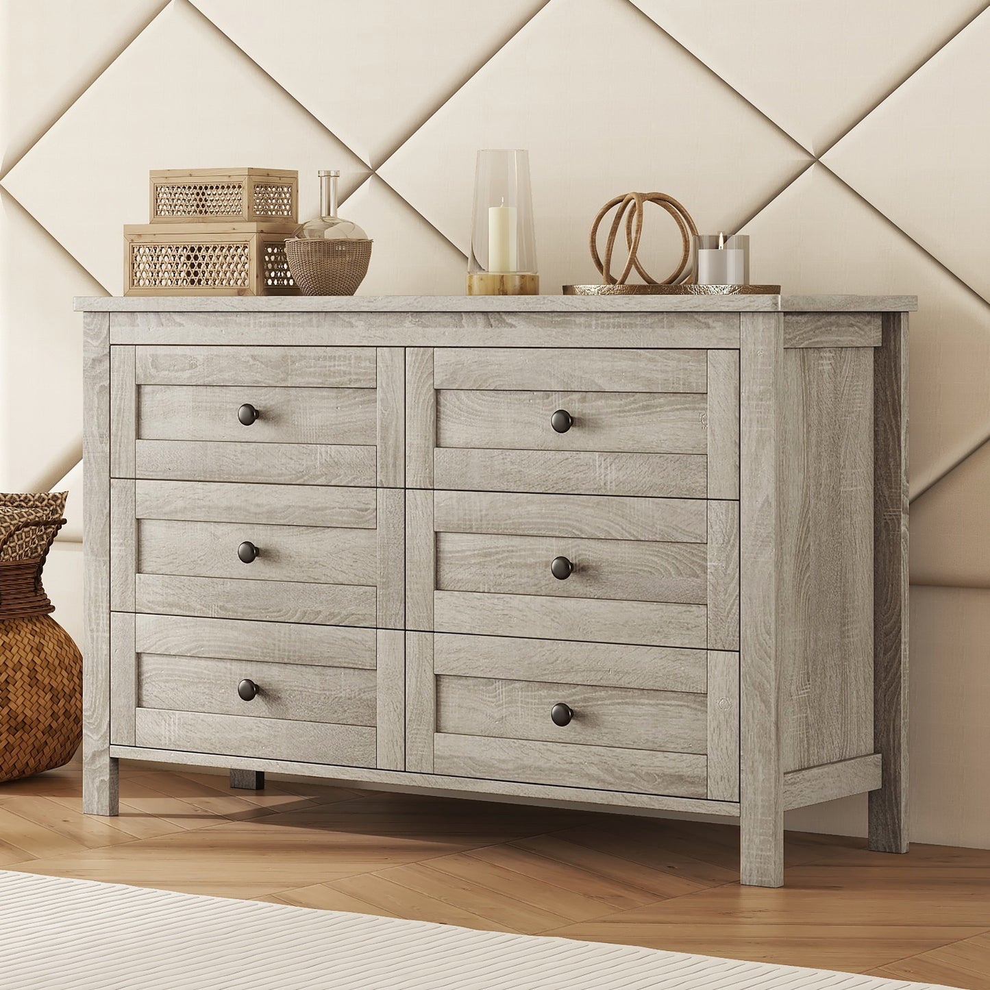 Seyla 6-Drawer Farmhouse Dresser – Antique Gray Wood Storage Cabinet