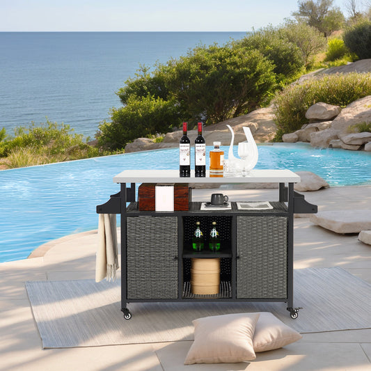 Grillan XL Wicker Cart – Large Outdoor Island with Cabinet, Wheels & Extended Surface (Gray)