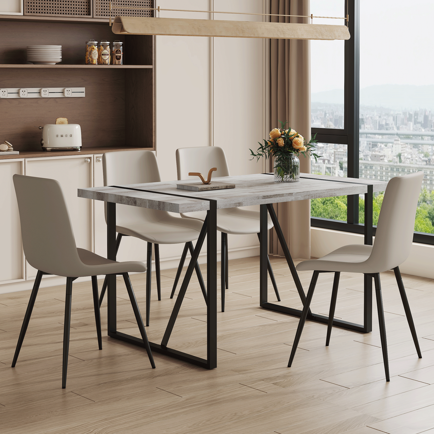 Nomyn 63" Vintage Dining Set – Textura Tabletop with 4 Curveloft Warm Gray PU Chairs