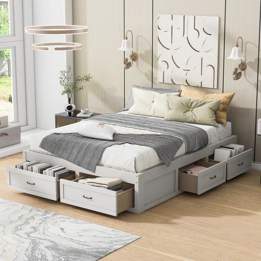 Stravelle Queen Bed – Antique White Platform with 6 Storage Drawers