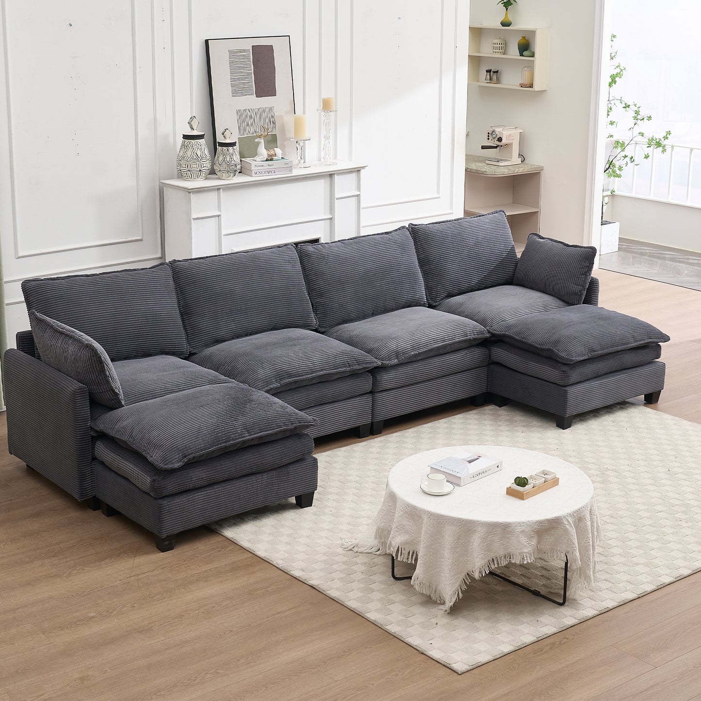 JUSTLIVE ‘Comfina Luxe” Oversized Modular Sofa – Velvet U-Shaped | 4-Seat + 2 Ottomans + Deep Cushions + Pillows