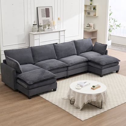JUSTLIVE ‘Comfina Luxe” Oversized Modular Sofa – Velvet U-Shaped | 4-Seat + 2 Ottomans + Deep Cushions + Pillows