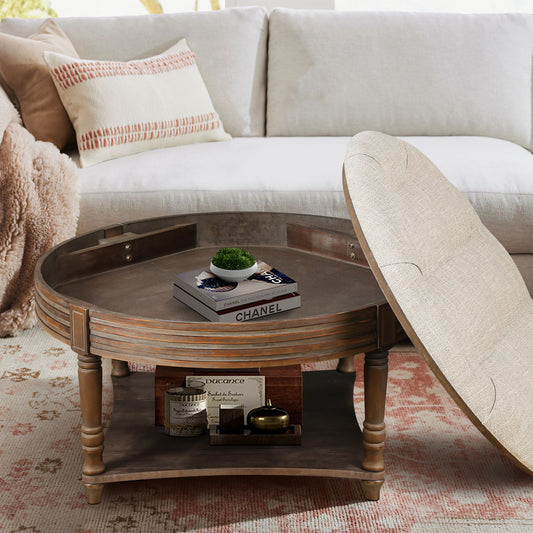 Tufvara Ottoman Table – Creamlinen Shell, Woodtier Storage Base