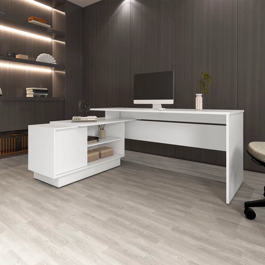 Astra L-Desk – White Corner Workstation with Door and 5 Built-In Shelves
