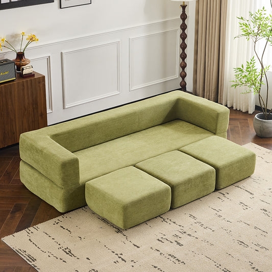 NestEdge ‘CozyFlex” Convertible Sectional – Sage Green Chenille | 3 Storage Ottomans + Sleeper Sofa