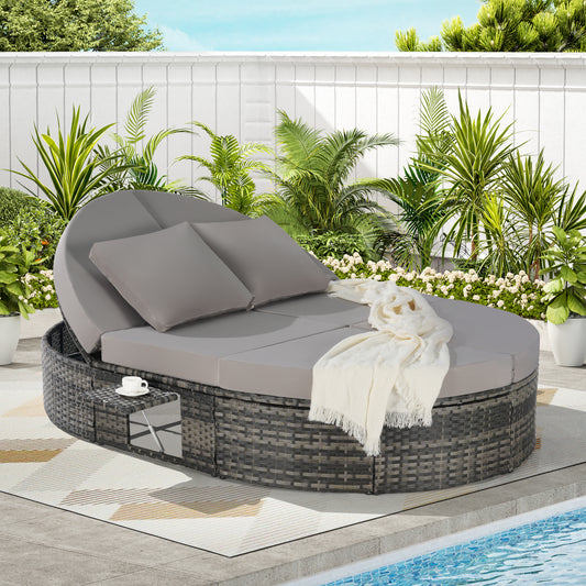 Solvara Round Wicker Daybed – Reclining Patio Sunbed with Adjustable Backrests & Foldable Cup Trays