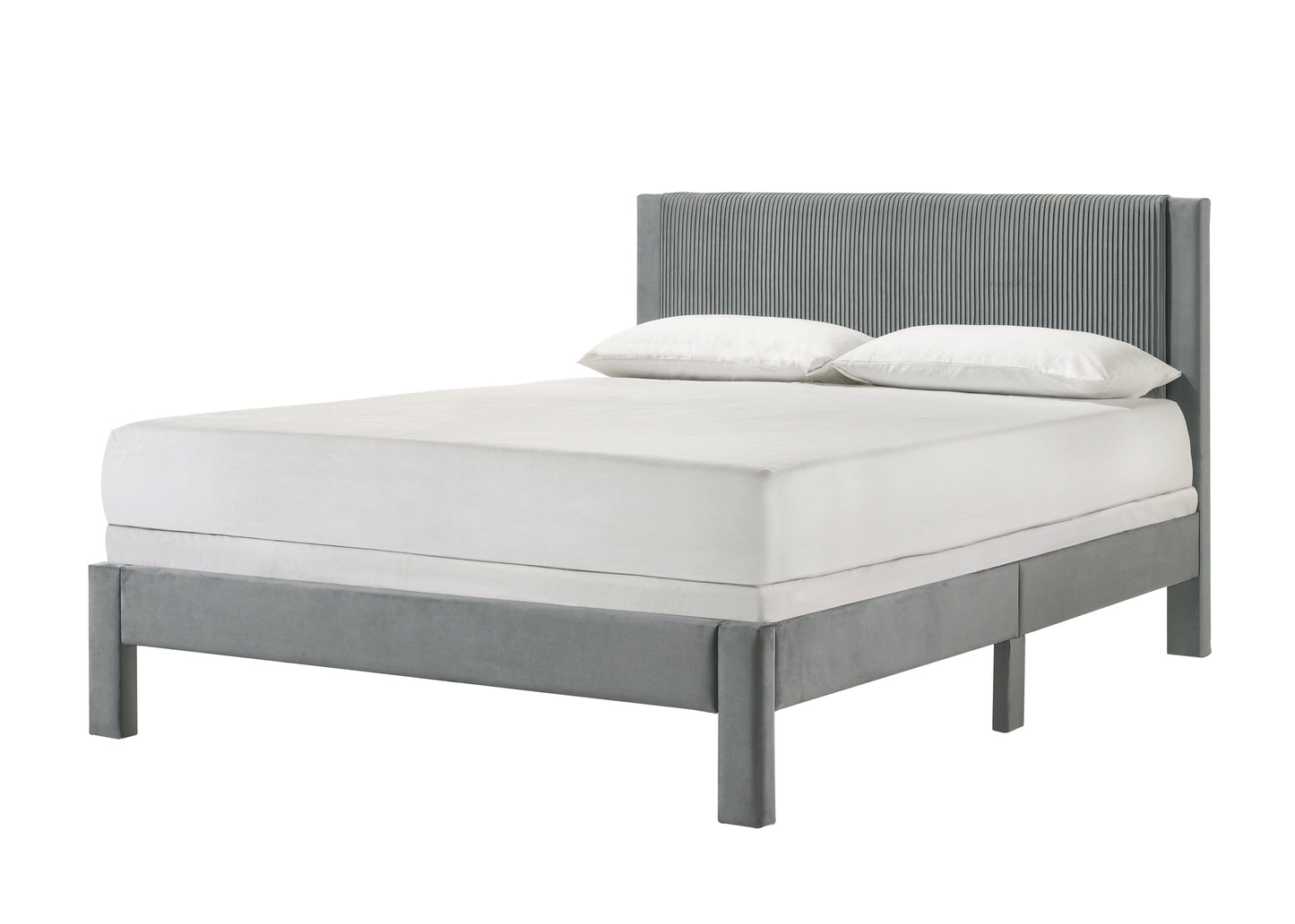 Pluvia Queen Bed – Light Gray Ribbed Upholstered Headboard with Low Profile Frame