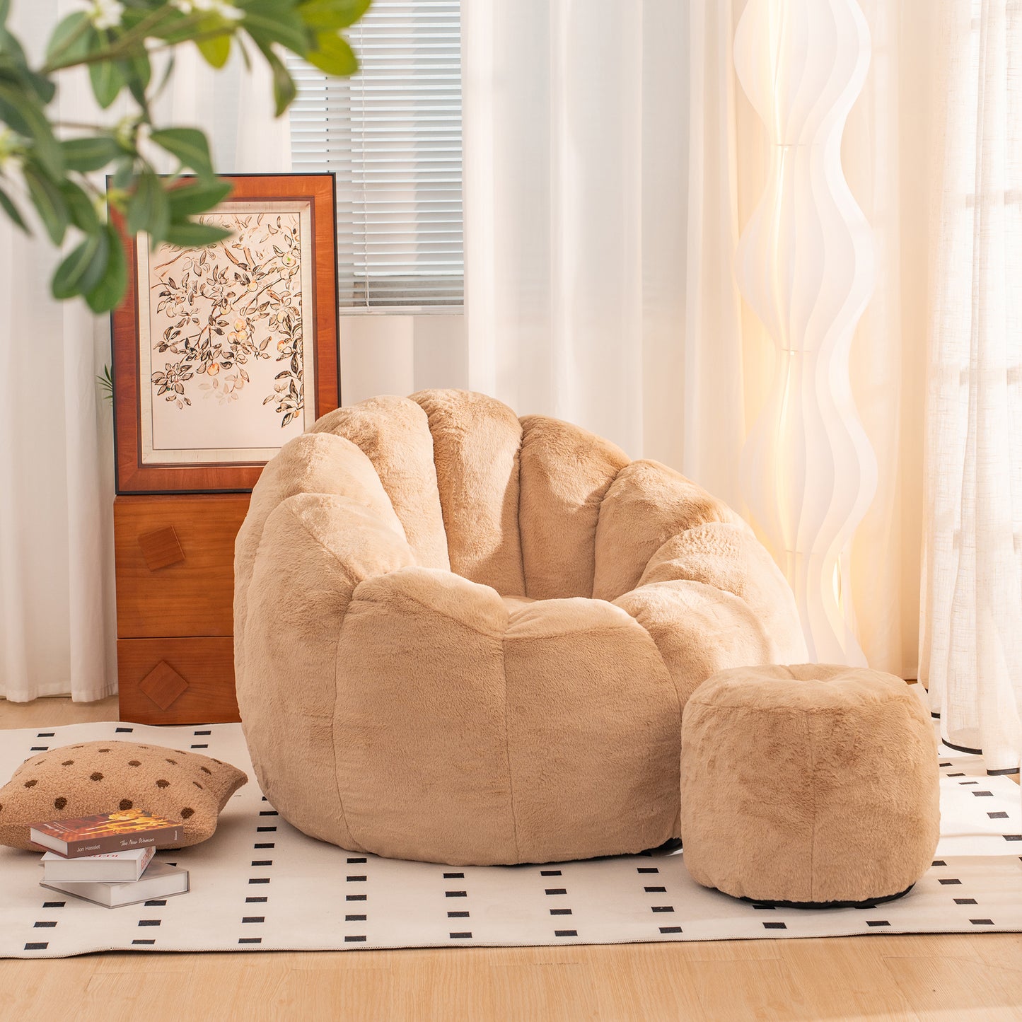 Shella Bean Chair – Faux Fur Shell-Shaped Giant Floor Sofa for Gaming & Reading