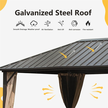 Aurelia 10x12' Steel Roof Gazebo – Dark Brown Aluminum Pavilion with Curtains & Netting - JUSTLIVE NESTJUSTLIVE NEST
