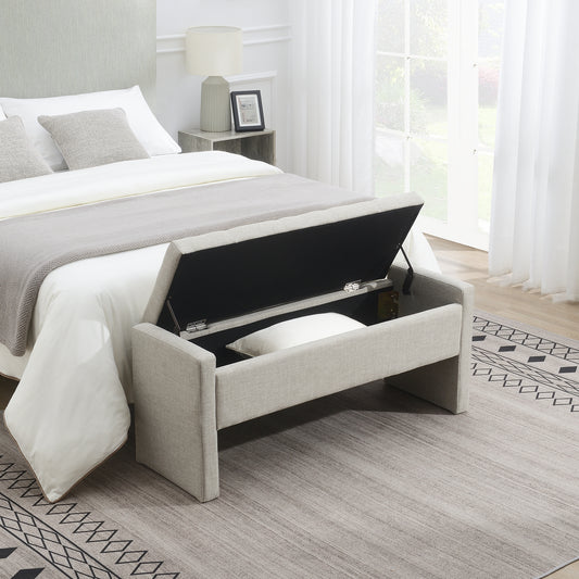 Avin Storage Bench – Light Gray Linen Upholstery with Comfy Cushion & Lift-Top Storage