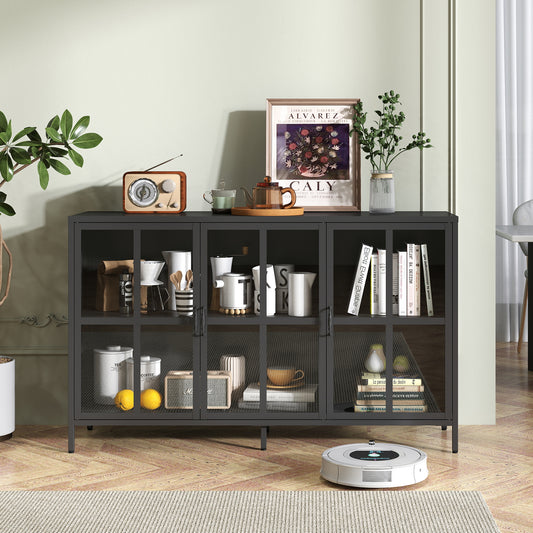 Ferro Steel Sideboard – Black Metal Buffet with Glass Doors, Adjustable Feet & Shelves