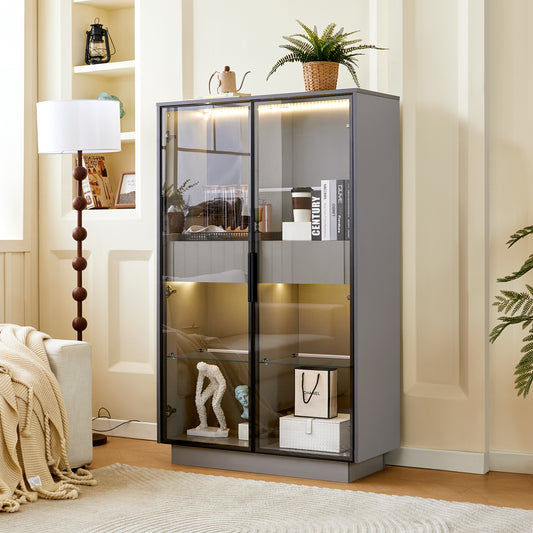 Luntra Edge Display – 60.6" Grey LED Glass Cabinet with Drawers & Modern Style