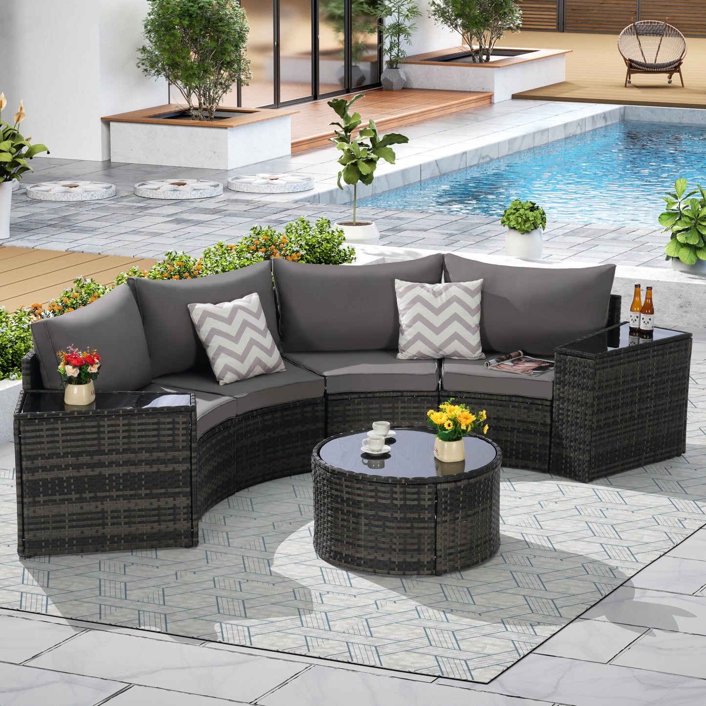 Solvara Curve 7-Piece Set – Half-Moon Sectional Sofa with Tempered Glass Coffee Table