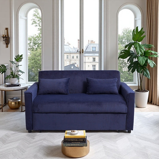 Sereno Luxe Sleeper – Blue Corduroy Sofa Bed with Pull-Out Design & Adjustable Back