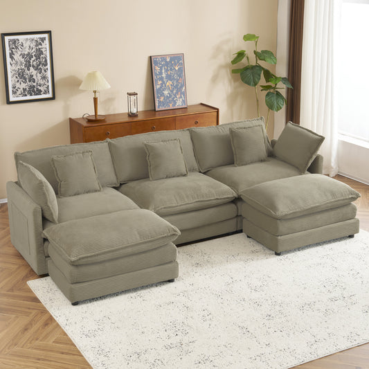 113' Grand Modular Lounge – Plush Corduroy L-Shape Sofa with Hidden Side Storage (Brown)