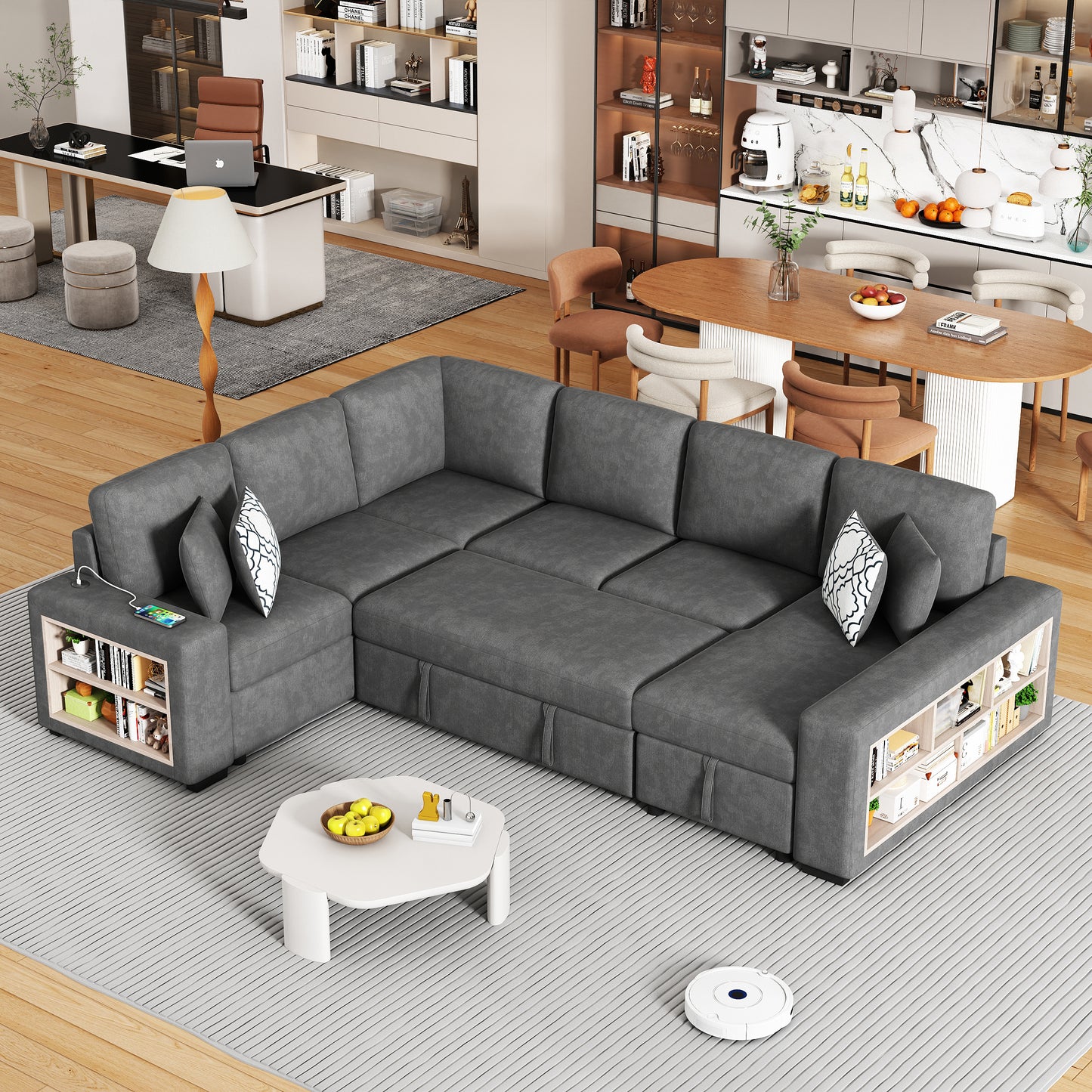 CloudPort™ Expandable Lounge – 109' Smart Comfort Sofa with Storage & Cushions (Grey)