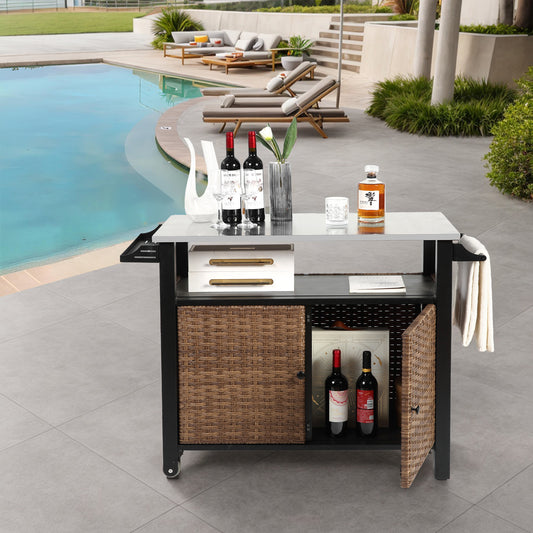 Grillan Wicker Kitchen Cart – Rolling Outdoor Island with Stainless Top & Side Handle (Brown)