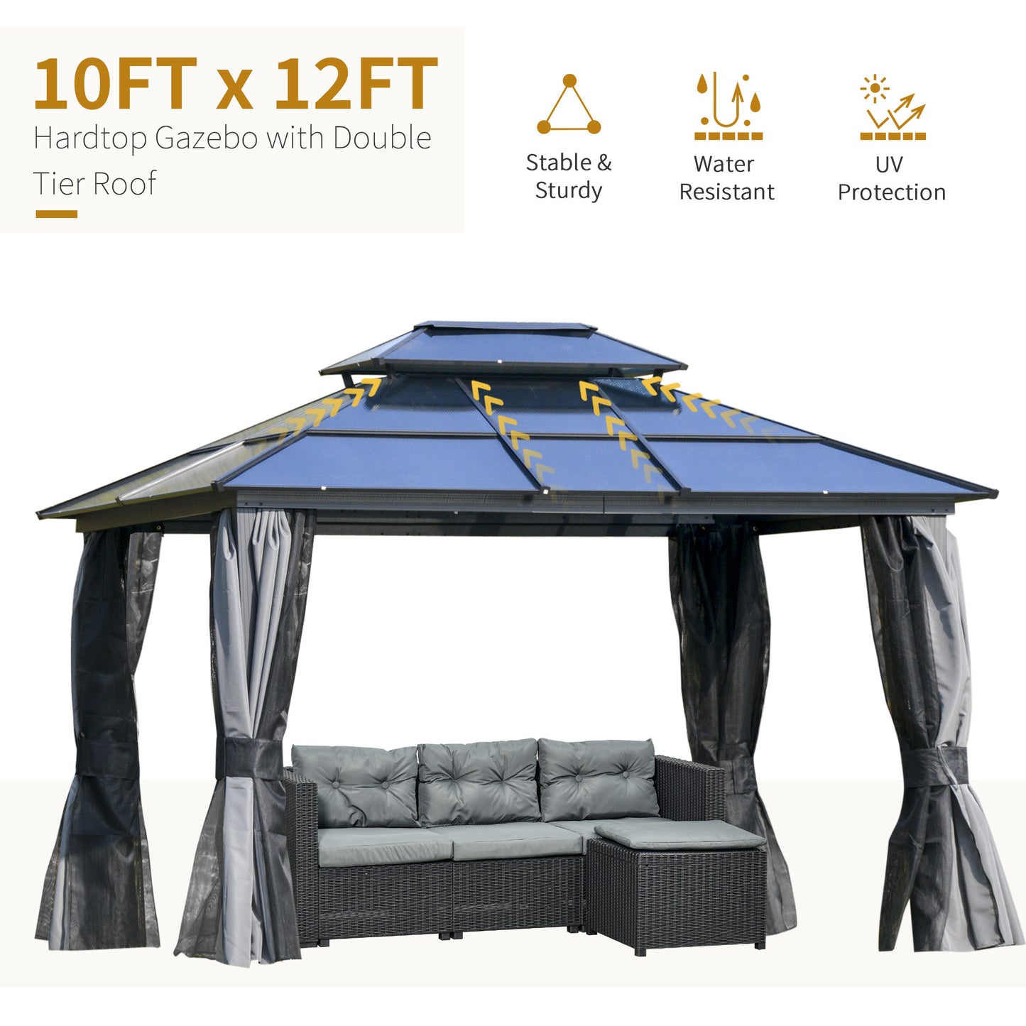 Aurelia 10x12' Hardtop Gazebo – Polycarbonate Double Roof Pavilion with Netting & Curtains (Gray) - JUSTLIVE NESTJUSTLIVE NEST