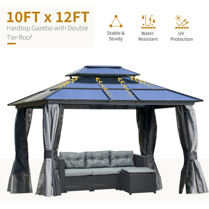 Aurelia 10x12' Hardtop Gazebo – Polycarbonate Double Roof Pavilion with Netting & Curtains (Gray) - JUSTLIVE NESTJUSTLIVE NEST