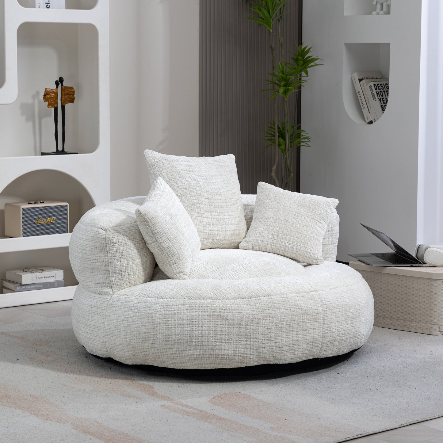 Coolmore Highback Lounger – Beige Chenille Bean Sofa with Three Pillows for Relaxation