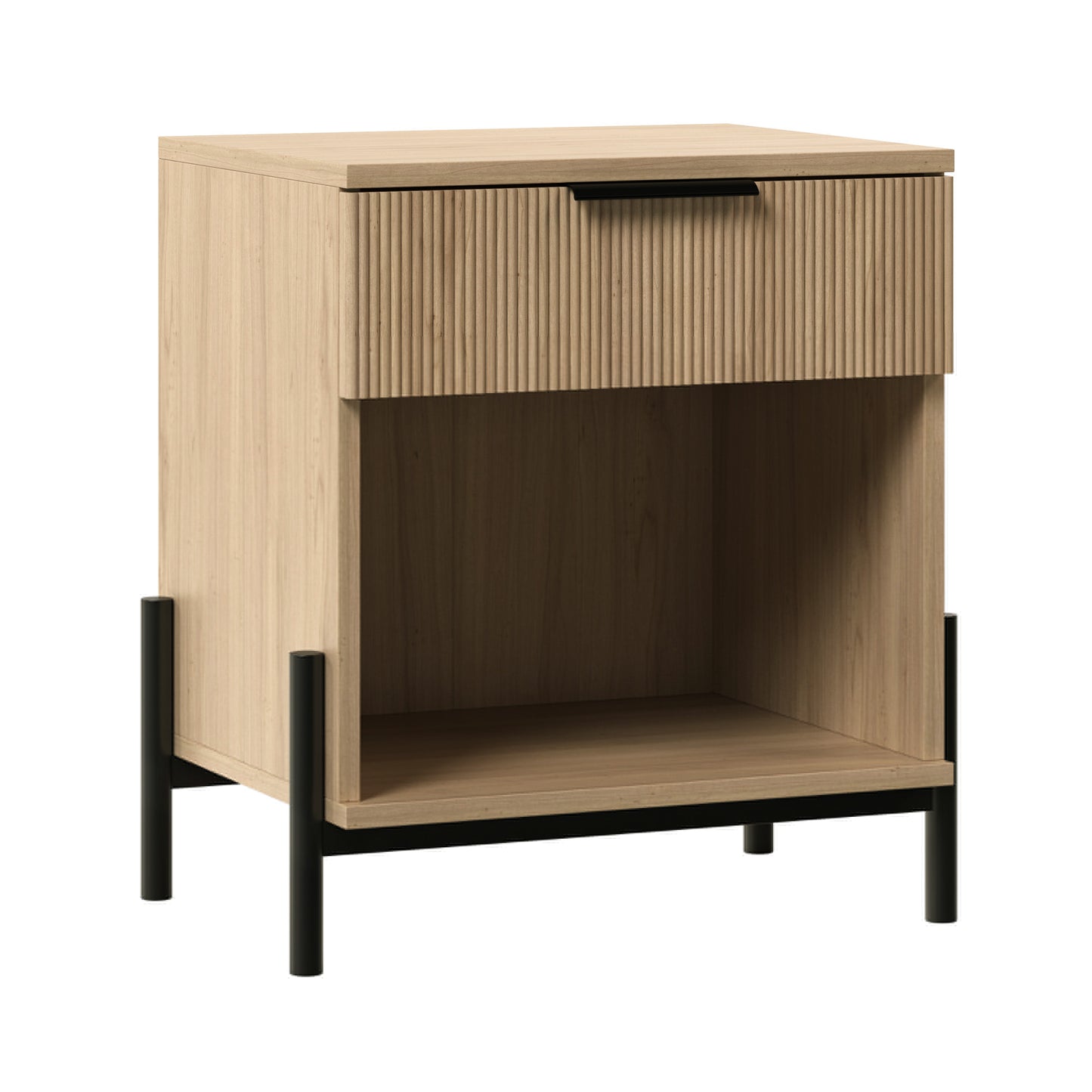 Fluttra Coast Stand – Fluted Drawer Nightstand with Open Cubby in Coastal Oak Finish